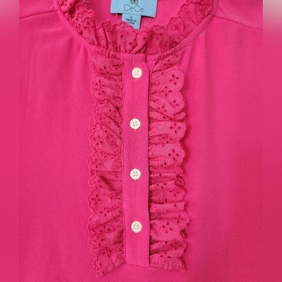 CeCe Ruffle Trim Blouse in Bright Rose NWOT - Picture 5 of 8